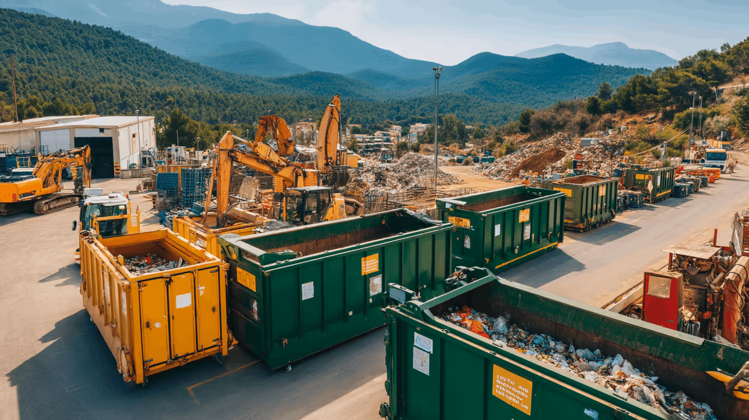 Site industriel avec plusieurs bennes à ordures vertes et jaunes, des engins de chantier jaunes, et des montagnes en arrière-plan.