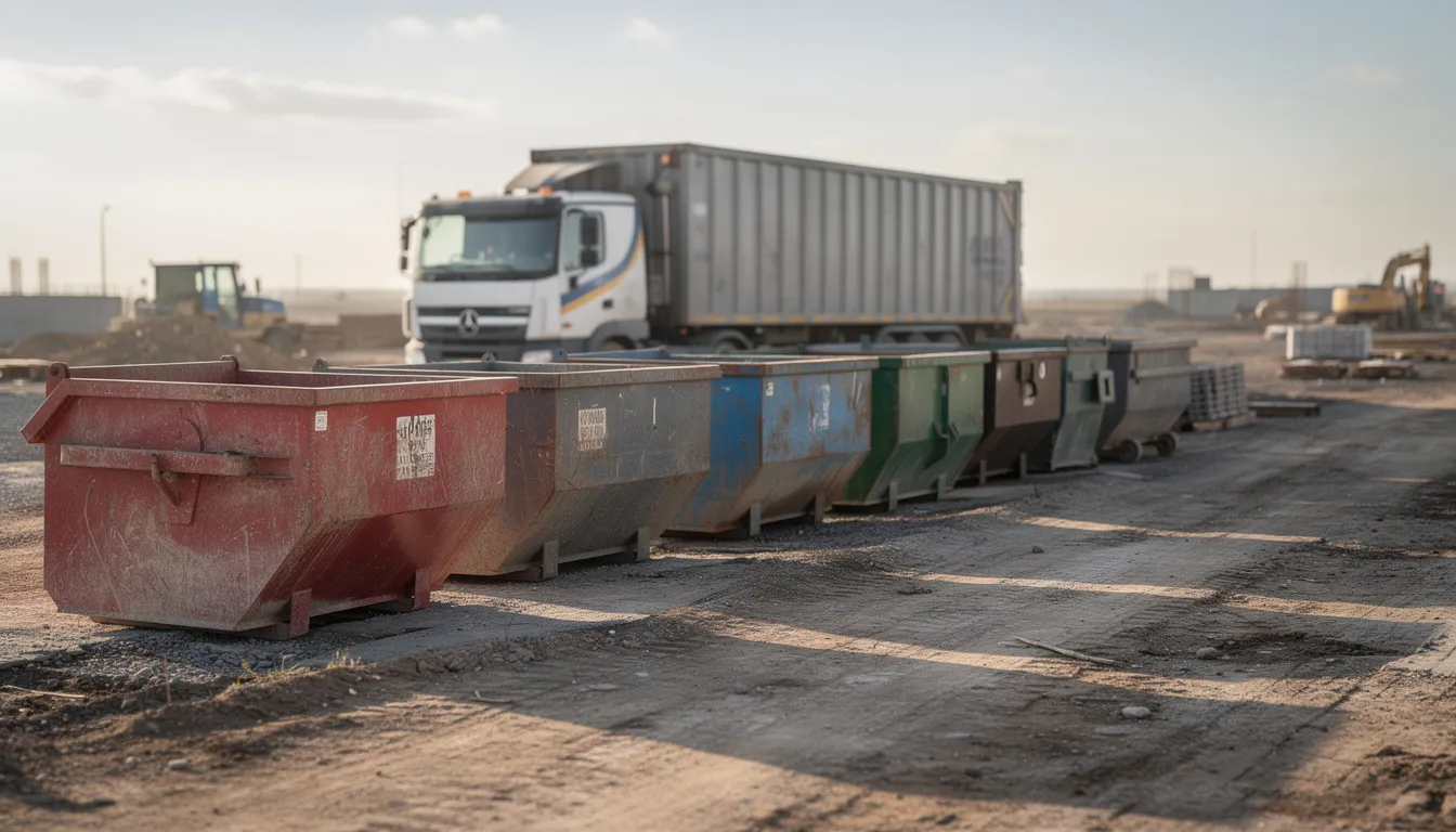 Sur un chantier de construction, plusieurs bennes de différentes tailles sont alignées sur le terrain, prêtes à recevoir des déchets de chantier tels que des gravats et des matériaux divers. En arrière-plan, un camion de transport attend pour assurer l'évacuation des déchets, soulignant l'importance de la gestion des déchets dans les projets de BTP en Île-de-France.