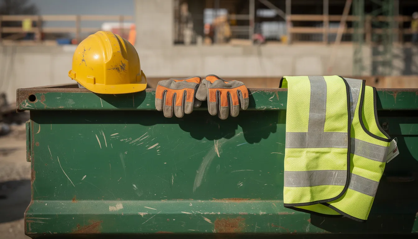 Des équipements de protection individuelle, comprenant un casque, des gants et un gilet de sécurité, sont posés sur le rebord d'une benne de chantier, illustrant l'importance de la sécurité sur les sites de travaux. Cette scène met en avant les normes de sécurité nécessaires dans le secteur du BTP et la gestion des déchets de chantier.