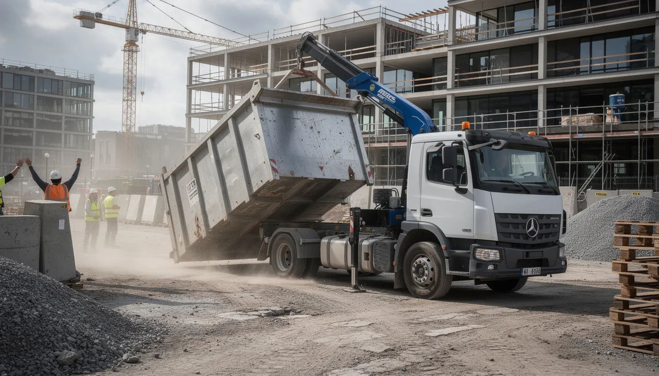 Un camion équipé d'un bras hydraulique ampliroll dépose une benne métallique sur un chantier urbain, prête à recevoir des déchets de chantier tels que des gravats et des matériaux de construction. Cette opération illustre la gestion efficace des déchets dans le secteur du BTP en Île-de-France.