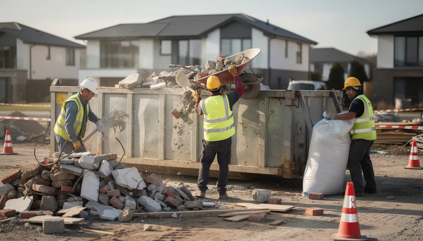 Des ouvriers s'affairent sur un chantier résidentiel, chargeant des gravats et débris de démolition dans une benne métallique, illustrant la gestion des déchets de chantier. La scène met en avant l'importance du choix de la taille de benne pour l'évacuation efficace des déchets industriels banals.
