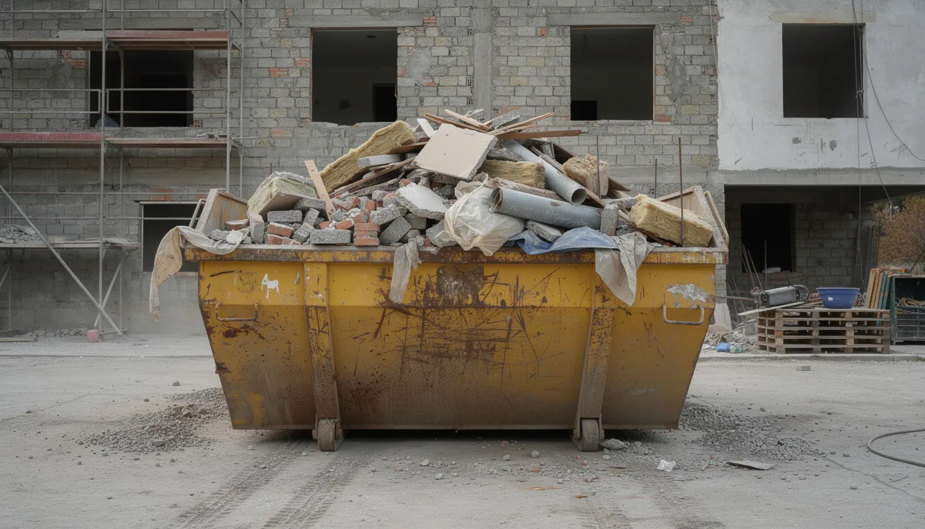 L'image montre une benne de chantier débordante de gravats et de débris de construction sur un site de rénovation. Ce type de gestion des déchets est essentiel pour le tri et le recyclage des matériaux dans le secteur du bâtiment.