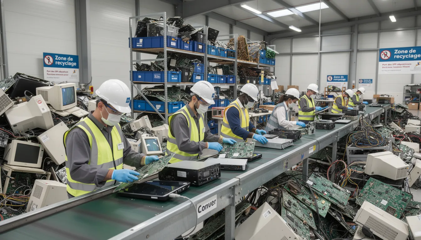 Des techniciens en équipement de protection trient des appareils électroniques dans un centre de recyclage, mettant en place des solutions pour la gestion des déchets. Ce processus de tri est essentiel pour valoriser les matériaux et assurer un traitement responsable des déchets ménagers.