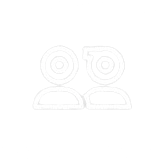 White outlined icon of two people side by side on a black background with small white dots.