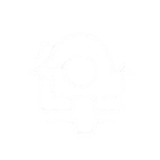 White abstract symbol resembling a stylized building or house on a transparent background with black dots.