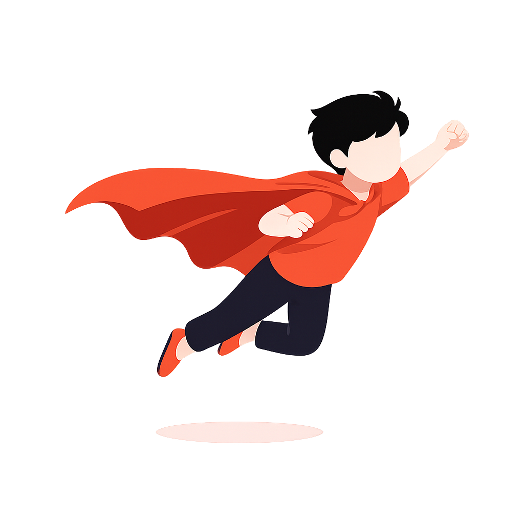 Cartoon child flying with a red cape and glowing fist against a dark background.