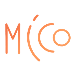 Stylized orange text spelling Mico with curved lines and a dot above the letter i.