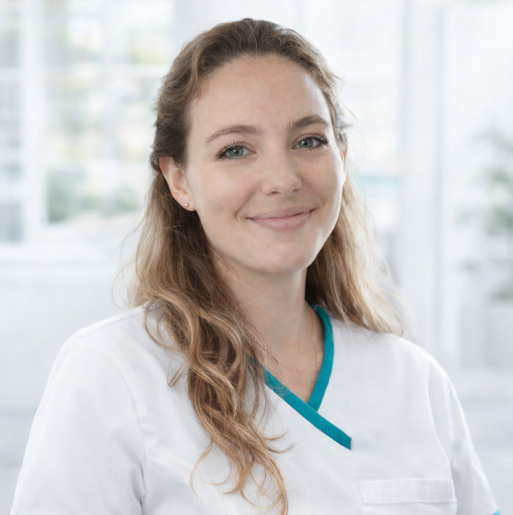 Smiling female healthcare professional with long curly hair wearing a white medical uniform with teal trim.