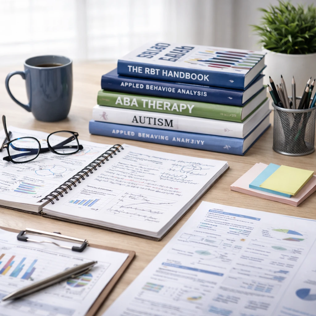 Desk with stacked psychology and autism therapy books, open spiral notebook with handwritten notes and graphs, glasses, pen, coffee mug, pencils, sticky notes, and printed charts.