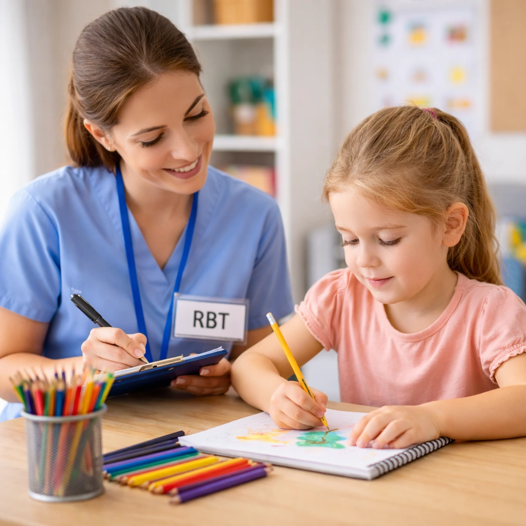 A smiling female therapist with an RBT badge watches a young girl coloring in a notebook with colored pencils.