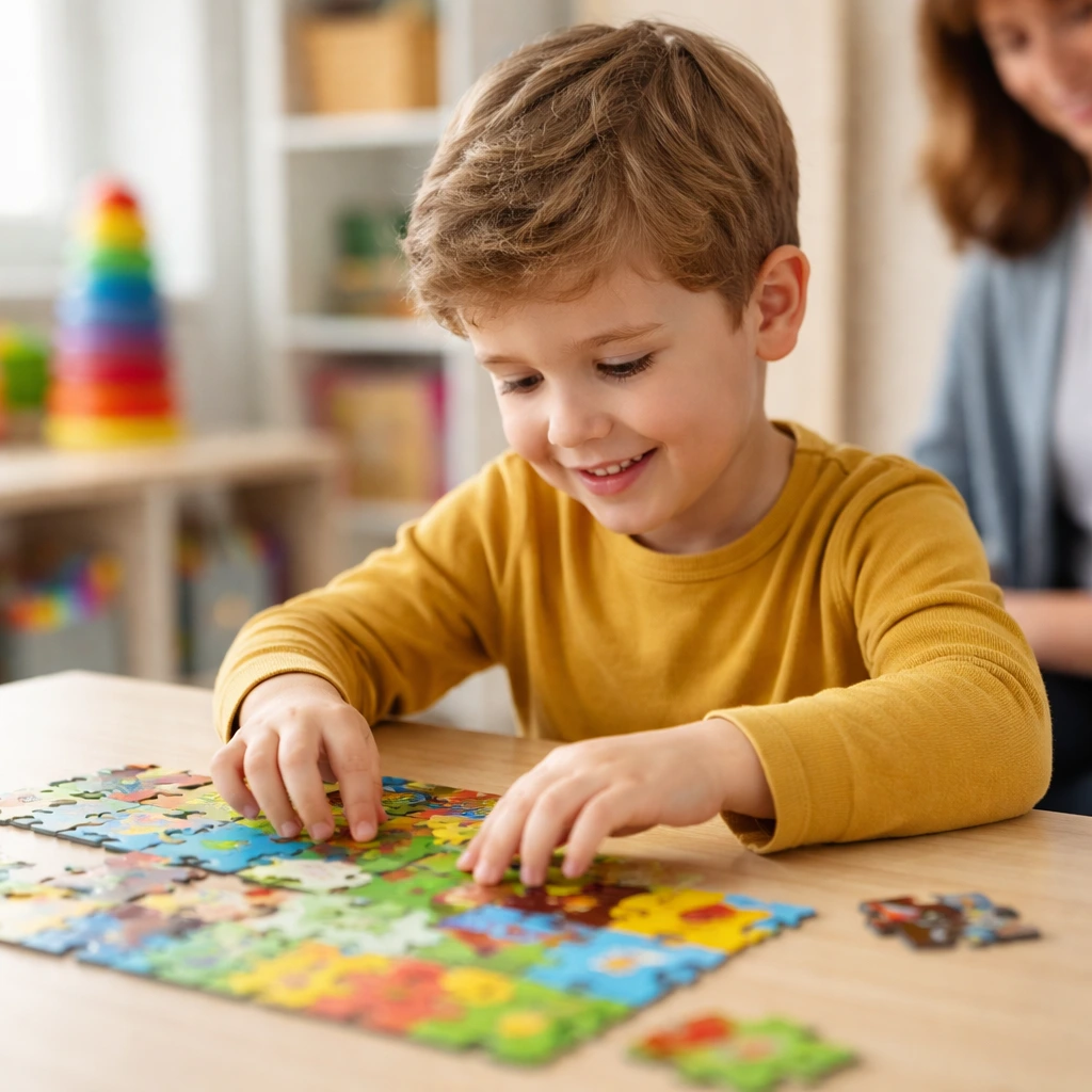 Smiling young boy in a yellow sweater assembling a colorful jigsaw puzzle on a wooden table indoors.