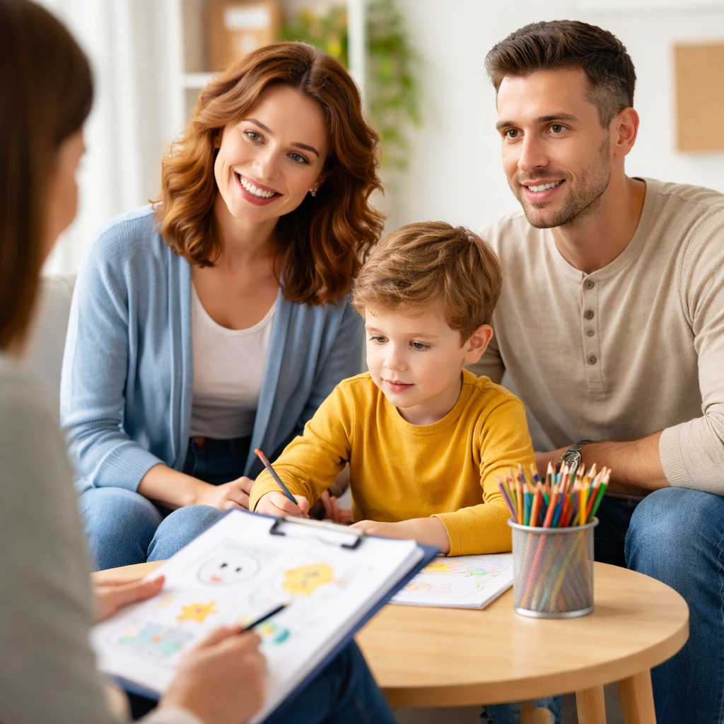 Young boy drawing with colored pencils at a table while a smiling woman and man watch, and another person holds a clipboard with drawings.
