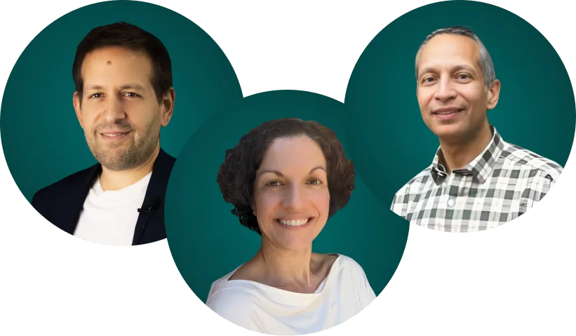 Portraits of three smiling adults with teal circular backgrounds: a man in a dark blazer and white shirt, a woman with short curly hair in a white top, and a man in a checkered shirt.