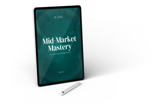 Tablet displaying the cover of a digital book titled 'Mid-Market Mastery for CEO and Enterprise Leaders' with a stylus placed below it.