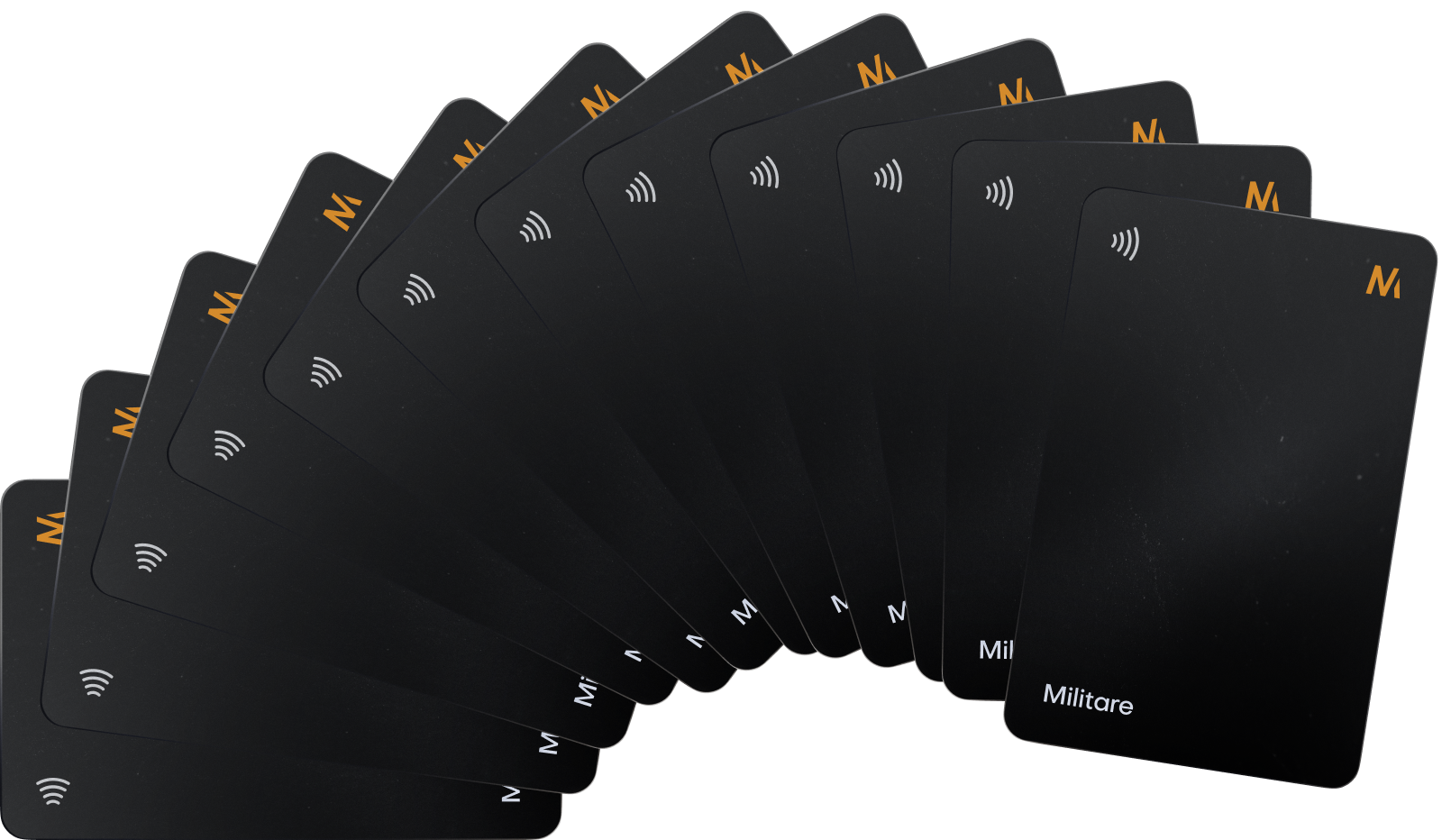 Fanned out set of black contactless cards with an orange 'M' logo and the word 'Militare' on each card.