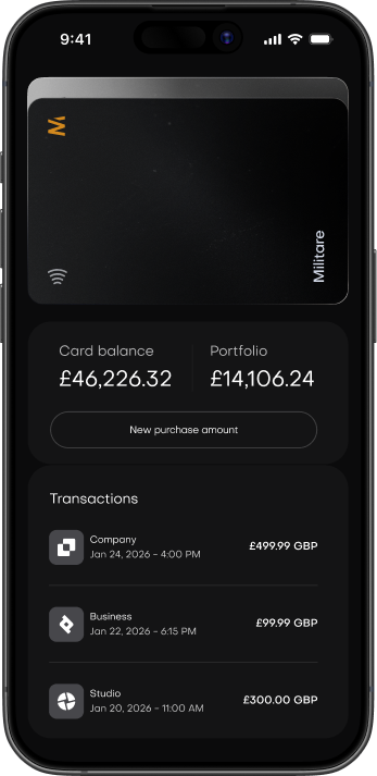 Mobile banking app screen showing a dark card labeled Militare, card balance £46,226.32, portfolio £14,106.24, and recent transactions for Company, Business, and Studio with USD amounts.