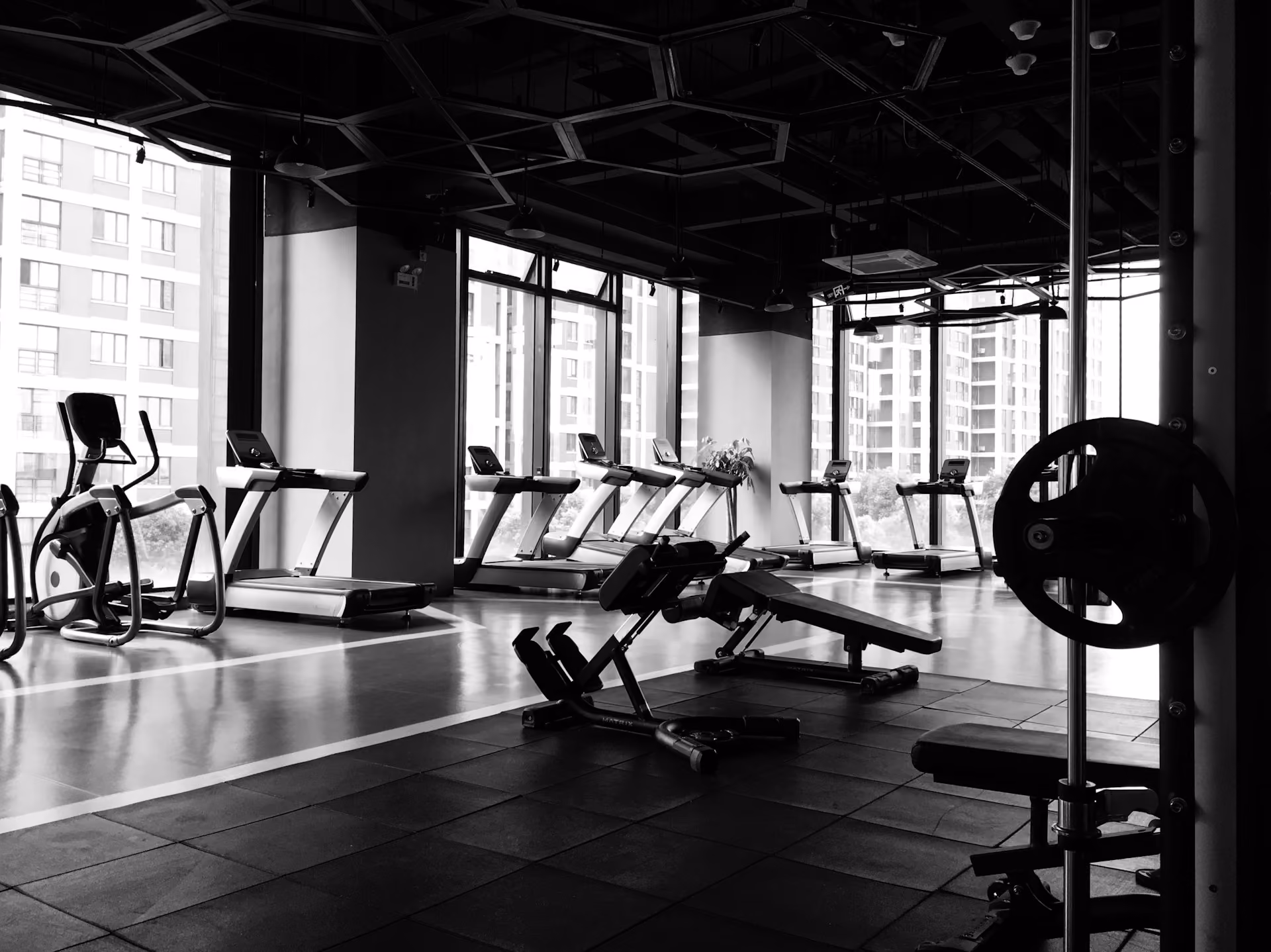 Modern gym with plenty of treadmills, weight benches, and more.