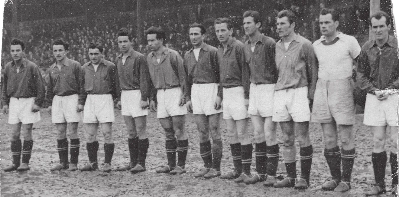 Борац – Радник 1. март 1950. године. Спахић, Јурић, Мићевић, Крајишник, Лацо, Мастела, Ролд, Радаковић, Иванишевић, Циндрић, Тешановић