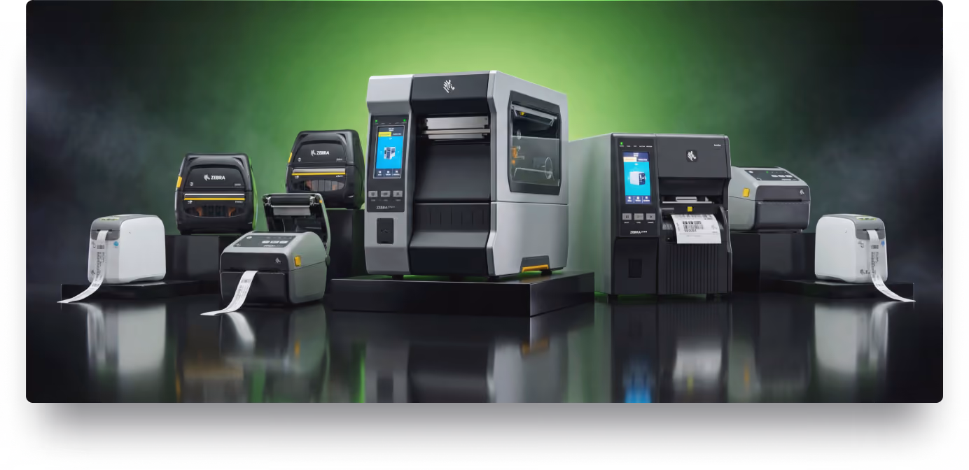 Zebra printer range, desktop through industrial models on a green backdrop
