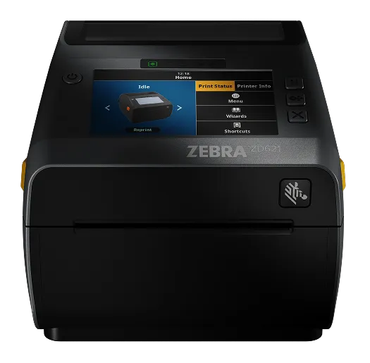 Zebra ZD621 desktop label printer with colour touchscreen, front view