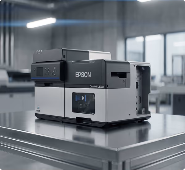 Epson ColorWorks colour label printer on a stainless steel workbench