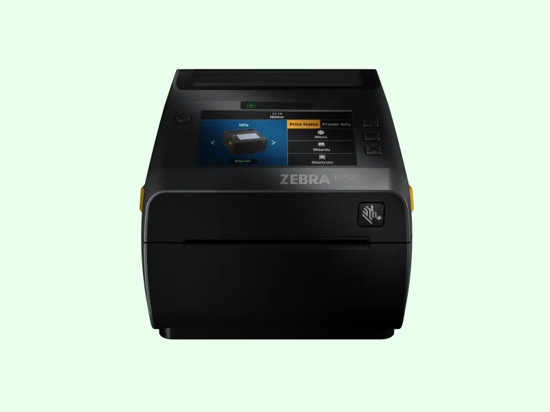 Zebra ZD621 desktop label printer, front view on pale green
