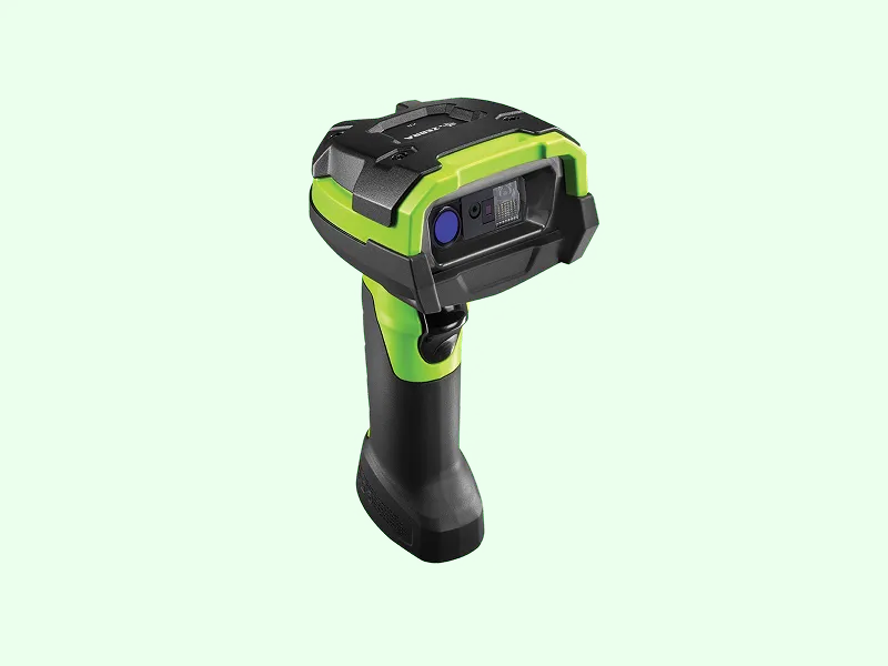 Zebra rugged handheld industrial barcode scanner, green and black