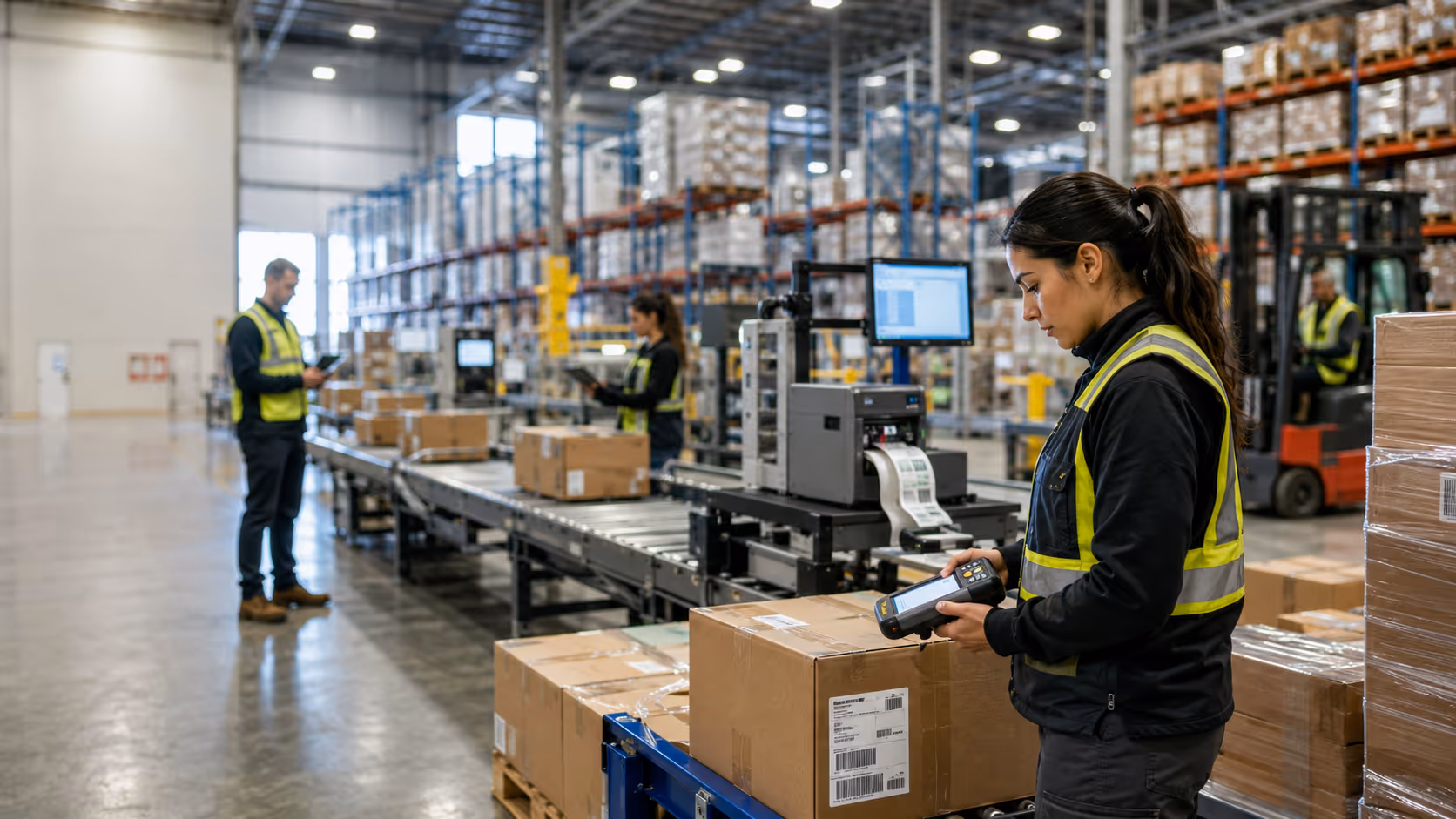 Warehouse staff scanning and labelling cartons beside a conveyor print-and-apply station