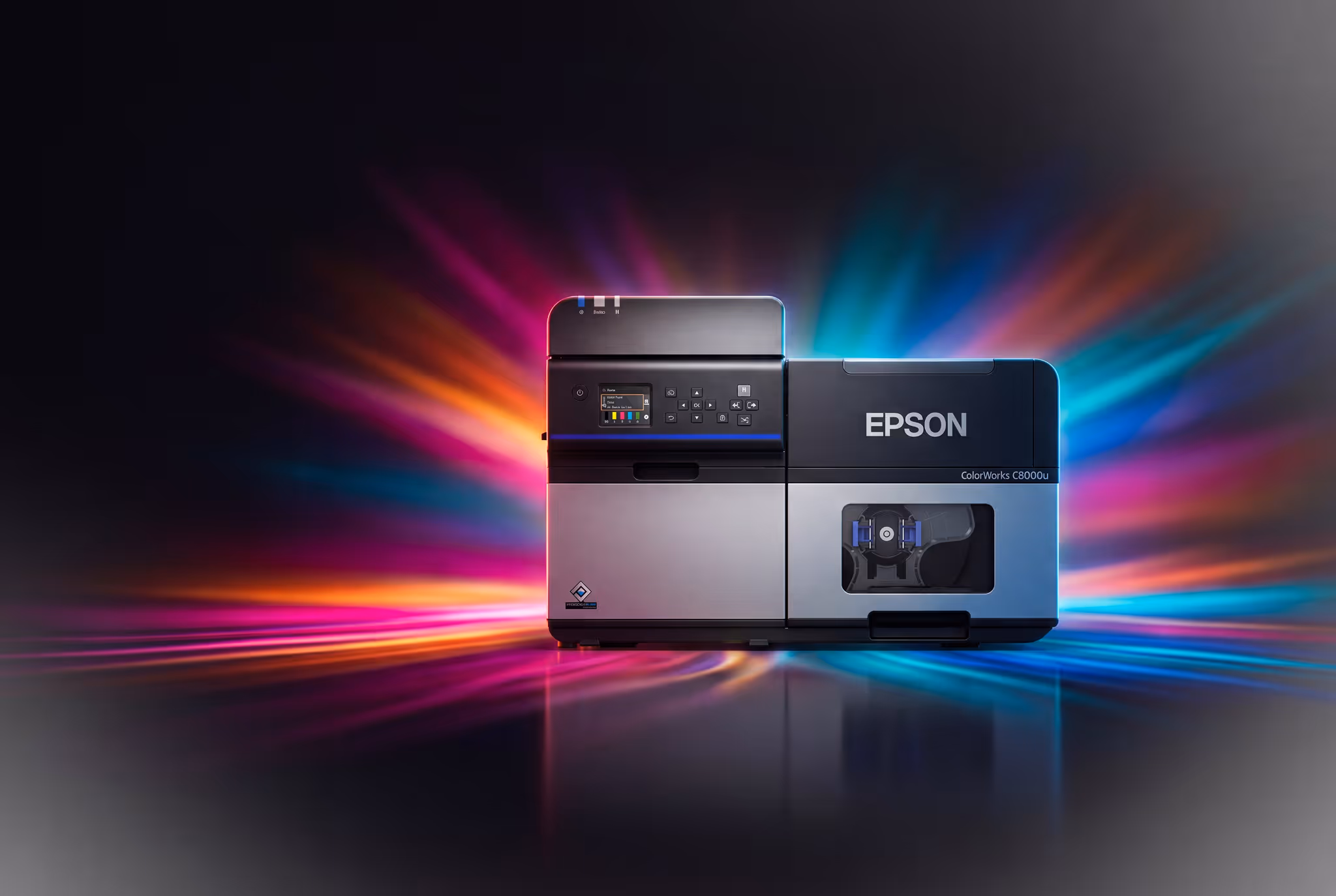 Epson ColorWorks CW-C8000 colour label printer against a burst of colour