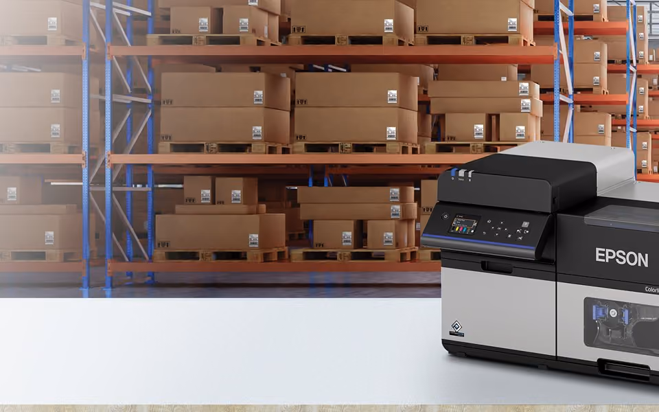 Cartons on warehouse racking with a ColorWorks printer at the pack station