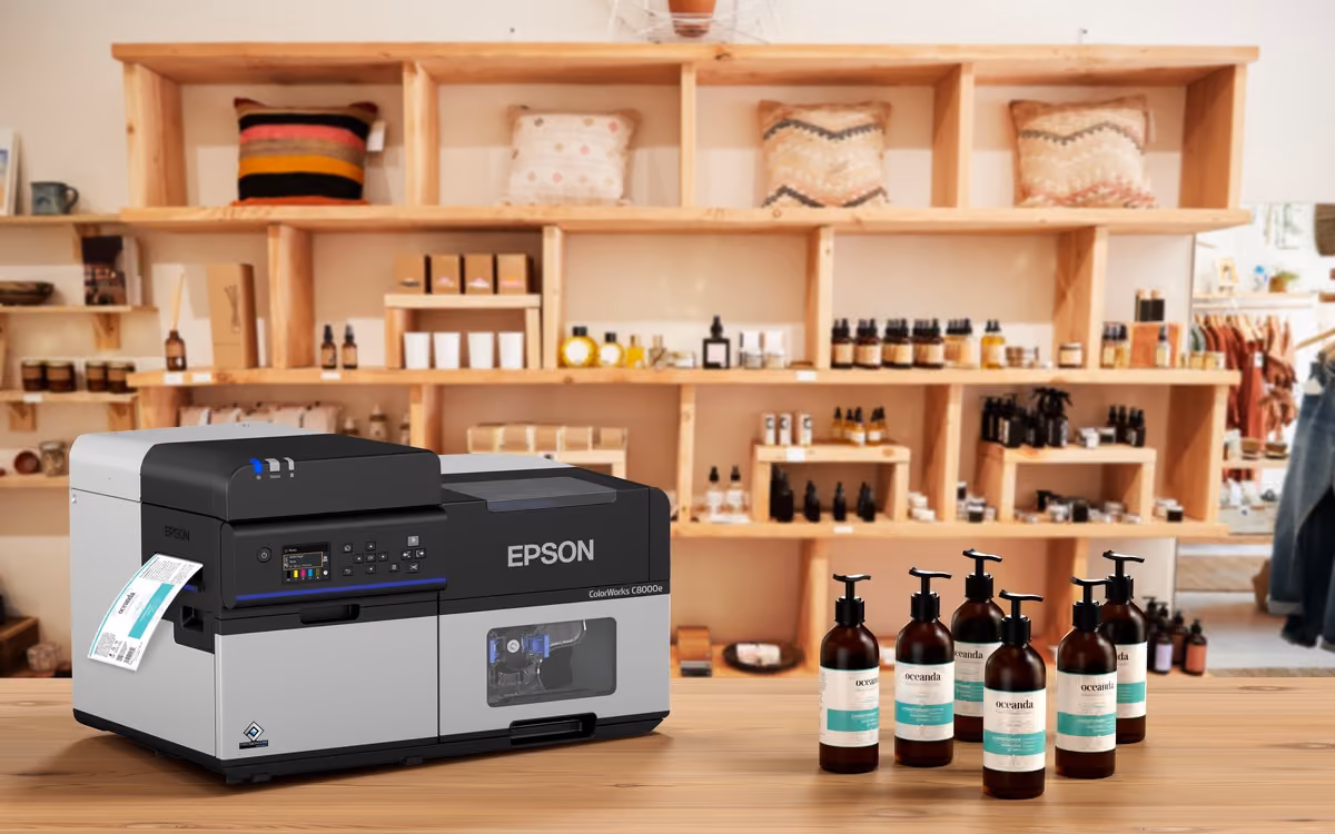 A ColorWorks printer on the counter of a boutique retail shelf display