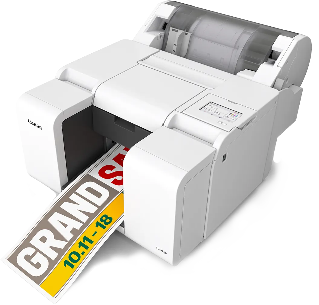 Canon LG-P800 pigment-based inkjet label printer, shown at an angle printing a colour label
