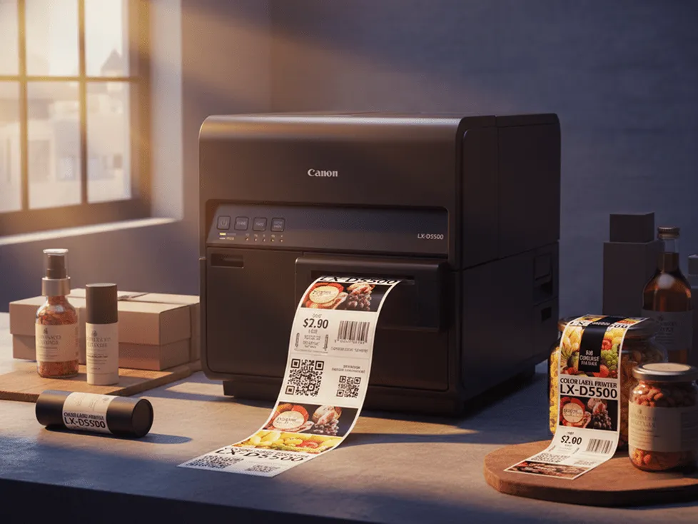 A Canon LX-D5500 printing a full-colour product label, beside jars and bottles carrying finished labels