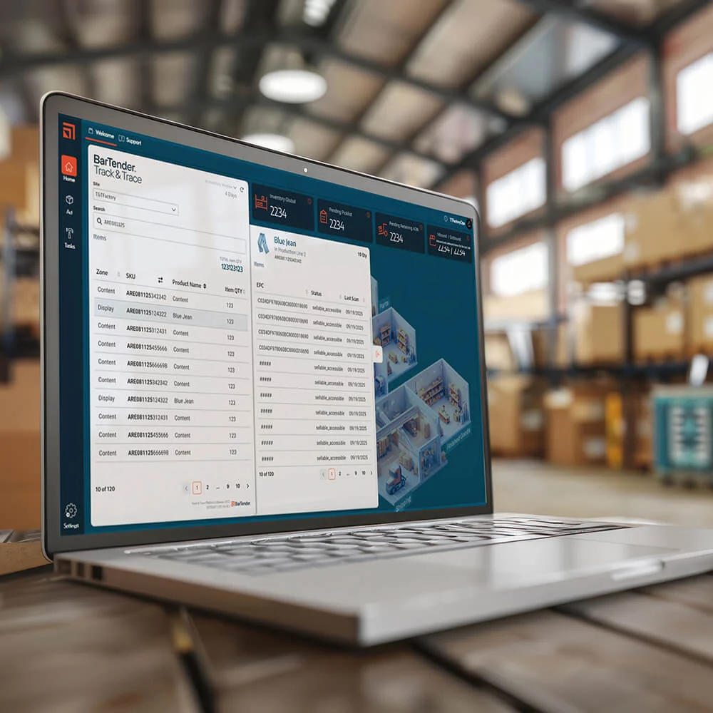 BarTender Track and Trace dashboard open on a laptop in a warehouse