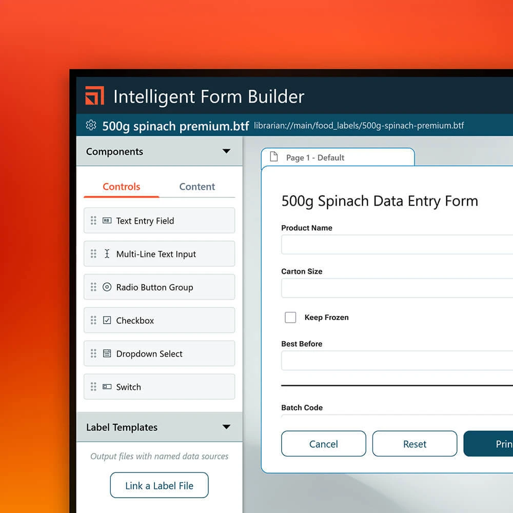 BarTender 12 Intelligent Forms Builder showing a data entry form for a food label