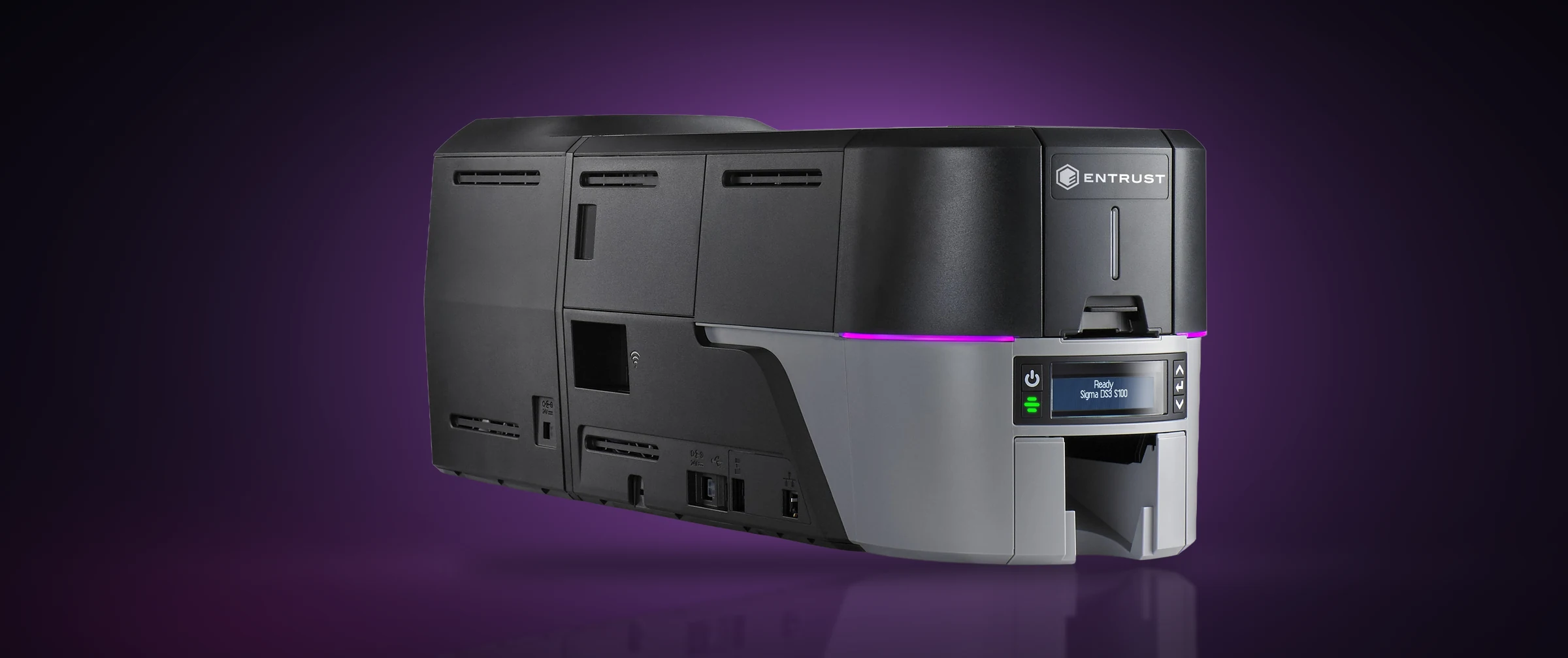Entrust Sigma DS3 ID card printer on a dark stage lit in Entrust purple