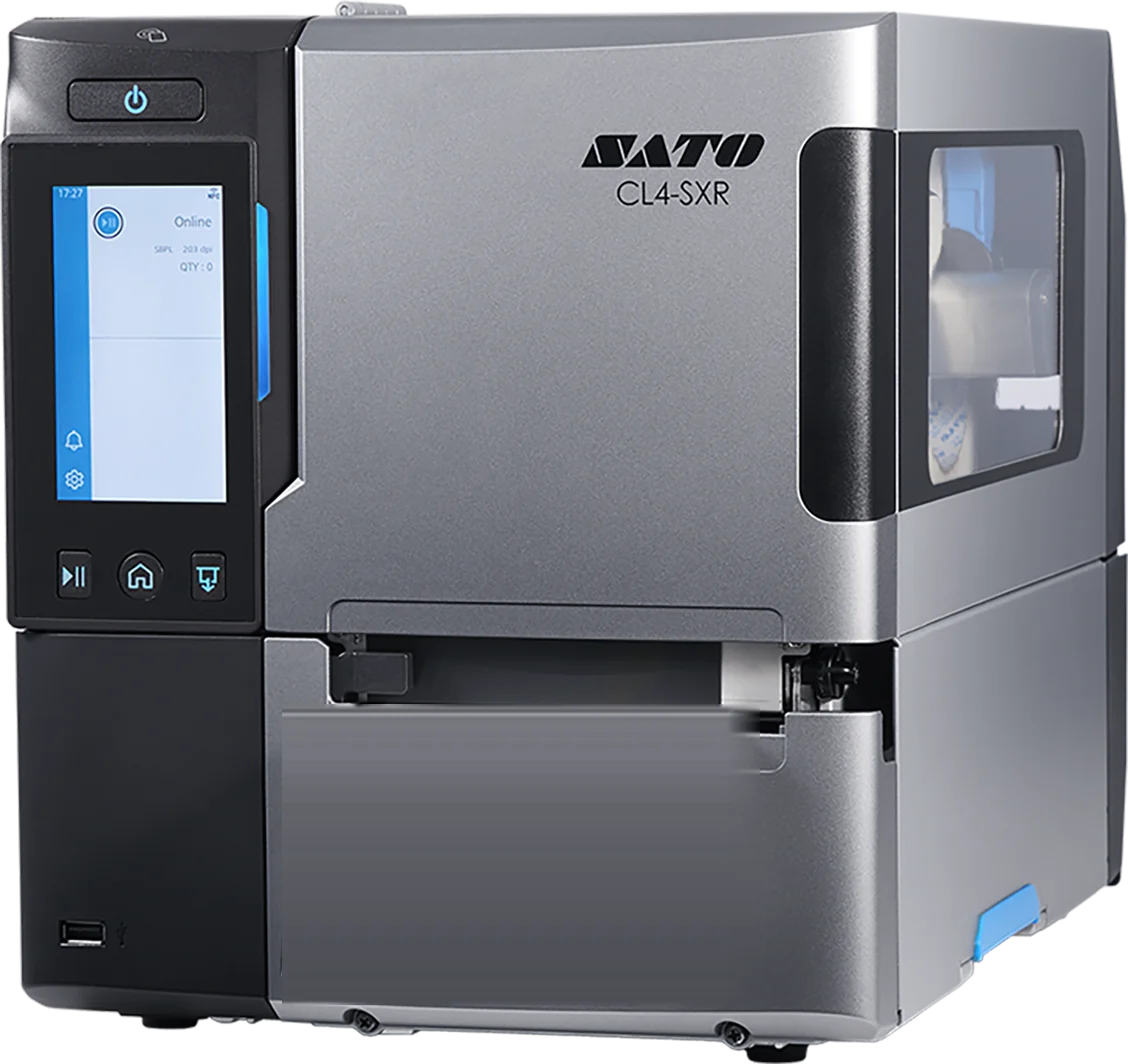 SATO CL4-SXR industrial label printer, front view, with a carton label feeding from the print slot