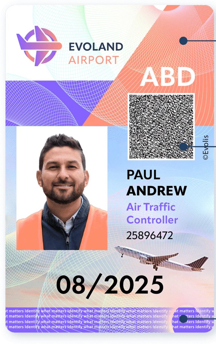 Evolis sample airport staff card printed on Agilia, with guilloches, a high definition QR code and micro text