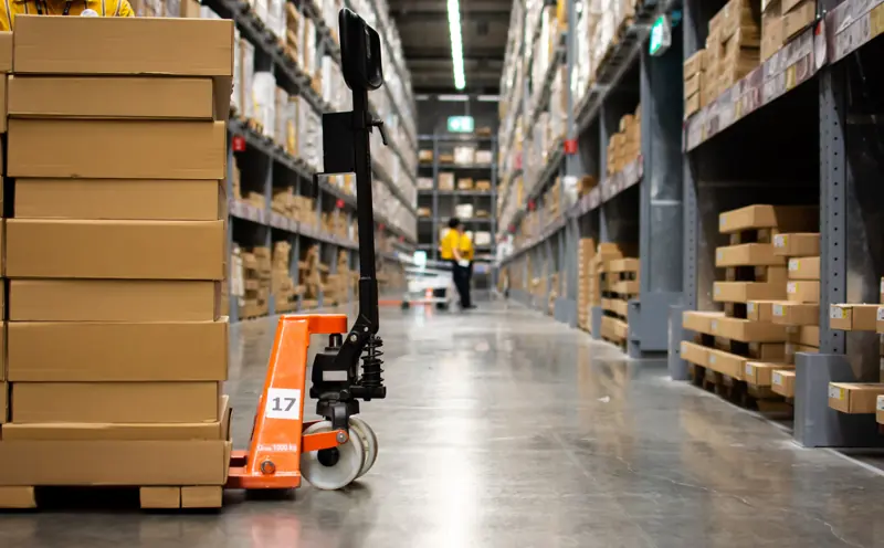 Cartons stacked on a pallet truck in a distribution warehouse