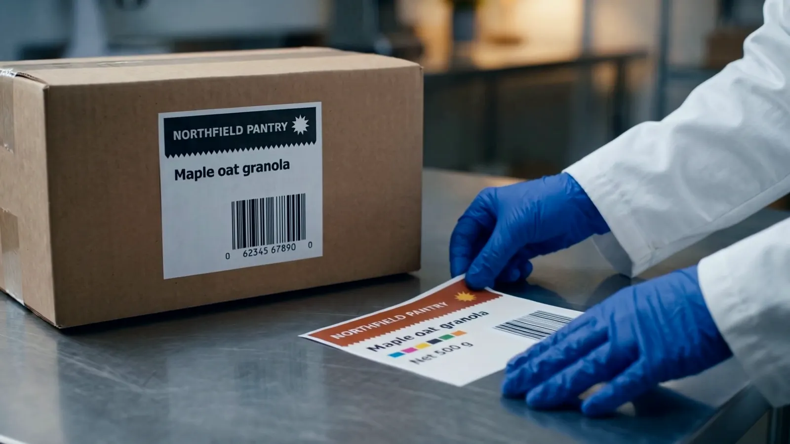 A gloved hand holds a new colour label beside an old pre-printed label on a carton.