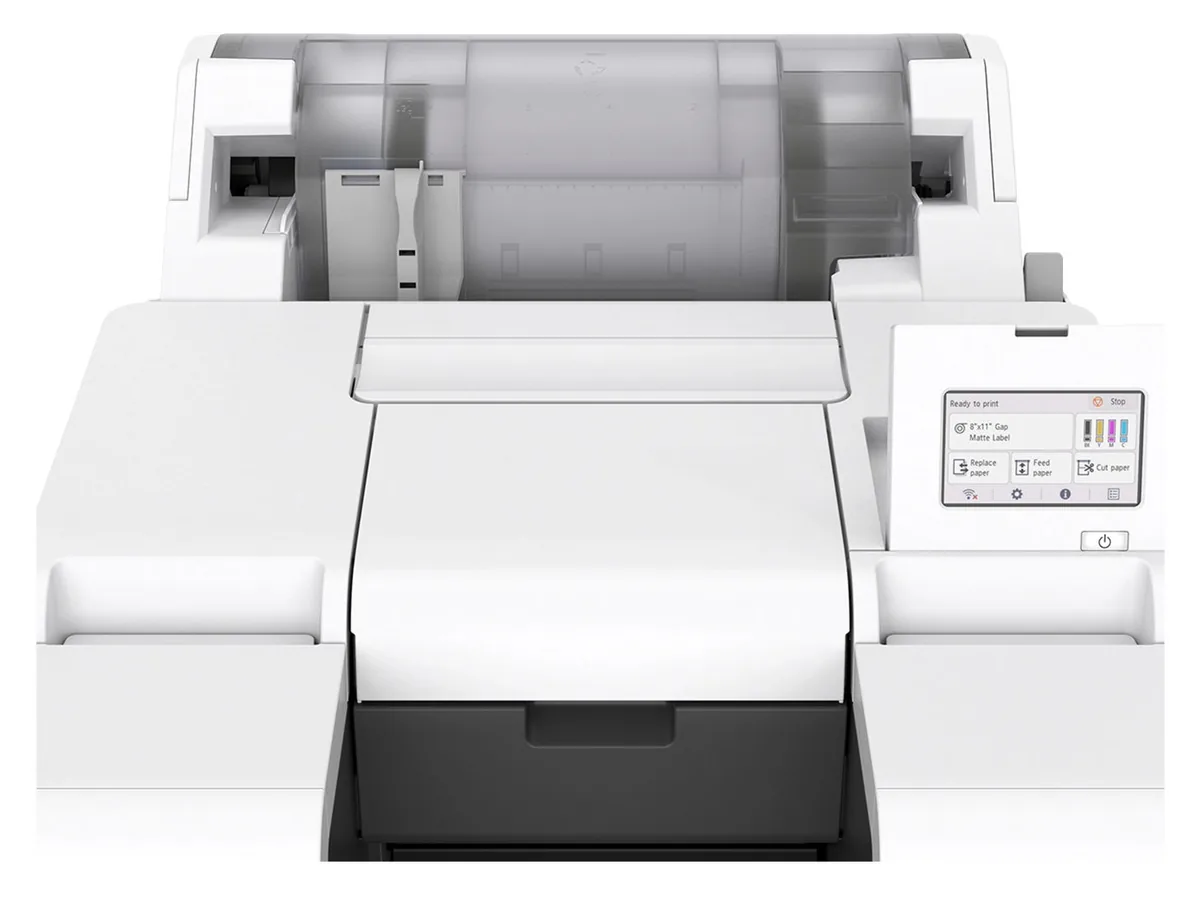 Top view of the Canon LG-P800 with a label roll under the clear top lid.