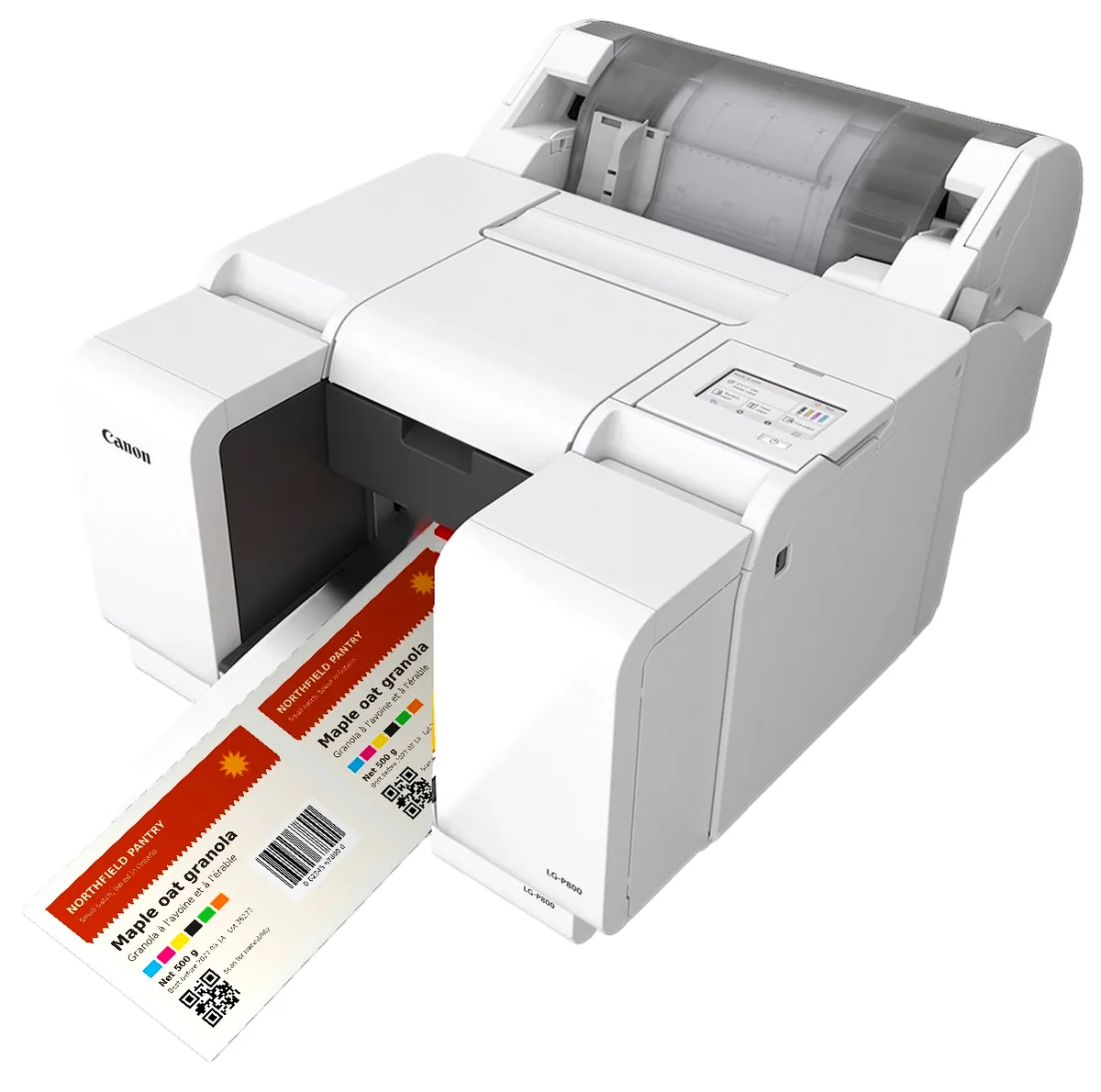 The Canon LG-P800 printing a sheet of Northfield Pantry colour labels.