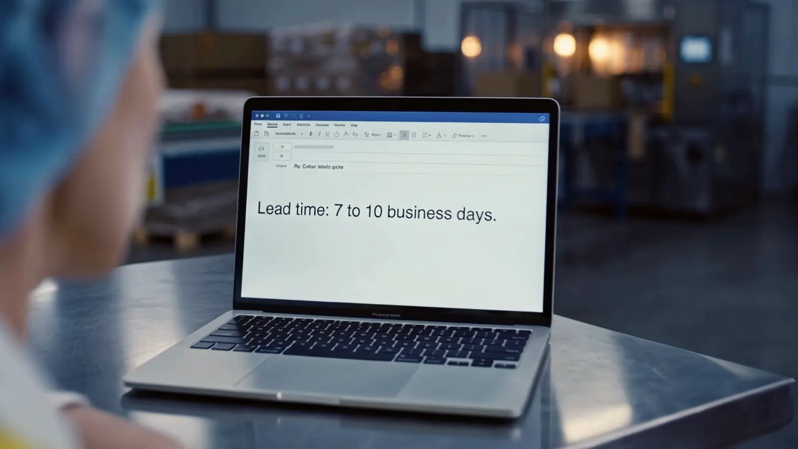 A laptop on a steel table shows a label supplier’s lead time.