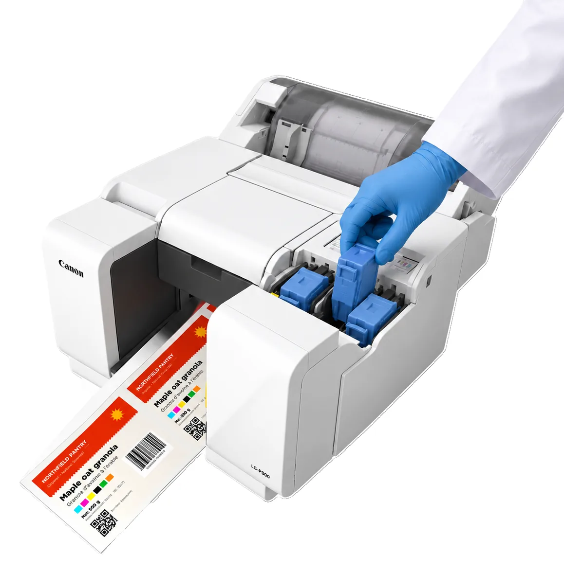 A gloved hand replaces an ink tank on the Canon LG-P800 while labels keep printing.