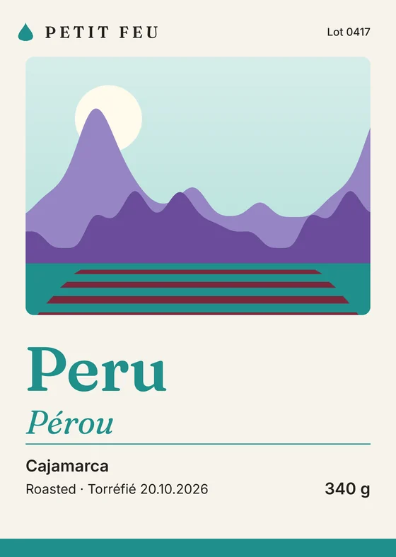 Petit Feu's Peru label, violet peaks over a teal sky and a woven stripe band.