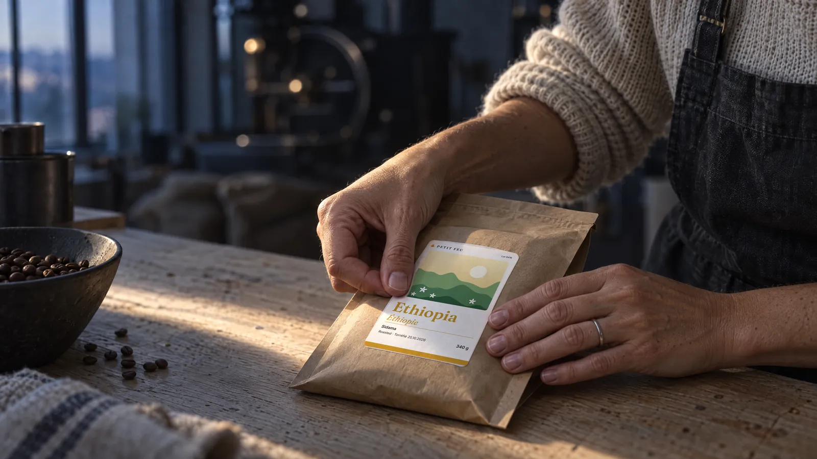 A still from the film: Petit Feu coffee bags with six origin labels on a roastery counter.
