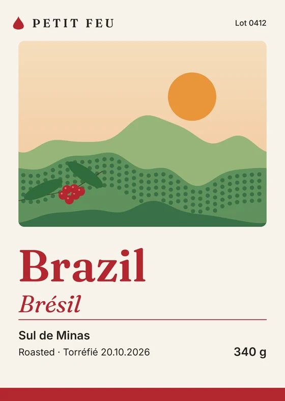 Petit Feu's Brazil label, an orange sun over green hills with red coffee cherries.
