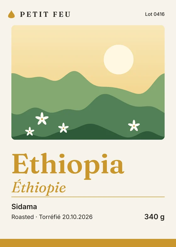 Petit Feu's Ethiopia label, gold and deep green hills with white coffee blossom.