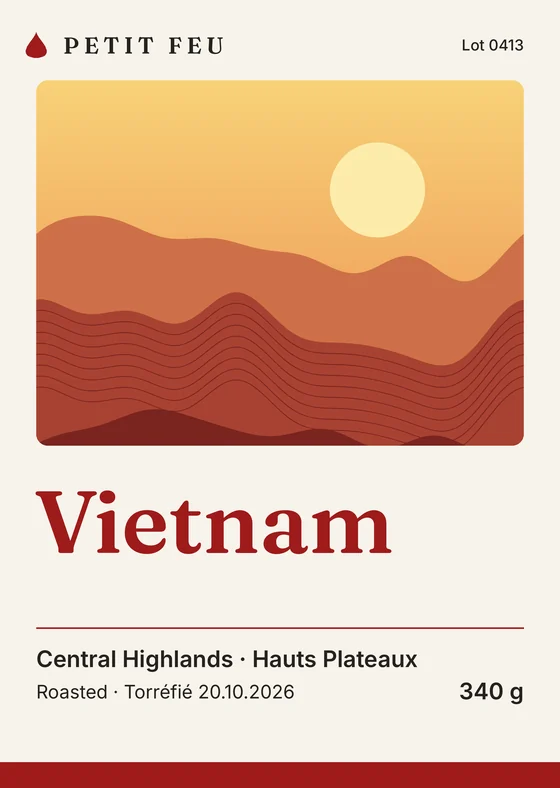 Petit Feu's Vietnam label, layered red hills under a gold sky.