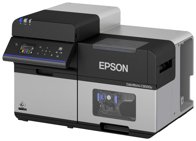 Epson ColorWorks CW-C8000 colour label printer, three quarter view.